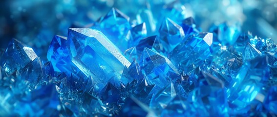 Numerous blue crystals are neatly arranged on a flat surface, creating a visually striking display of natural formations.