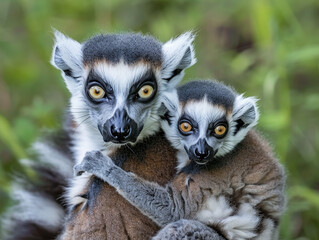 Obraz premium A tender moment as a mother ring-tailed lemur shares a moment with her baby in a natural setting.