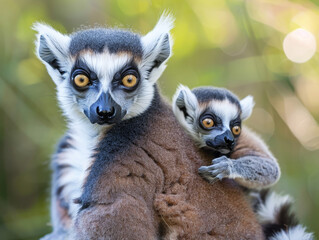 Obraz premium A tender moment as a mother ring-tailed lemur shares a moment with her baby in a natural setting.