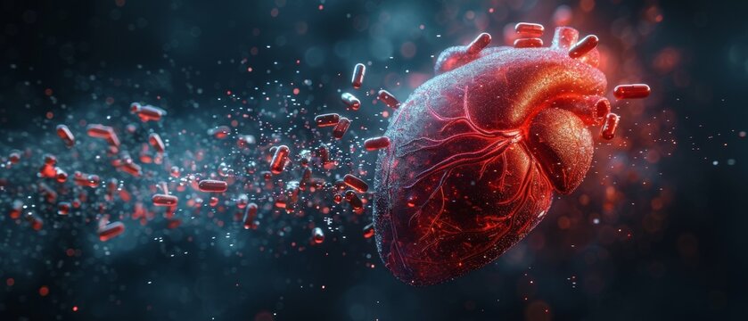 Medical pharmacy concept with a red blood vessel and a blue medical capsule with falling particles. Low poly style. Geometric background. Modern 3D graphic.