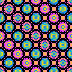 Endless ornament of colorful floral geometric patterns on black background.