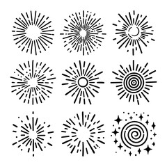 Sunburst fun burst element star vector doodle set. Starburst circle shine spark sun ray doodle vector set