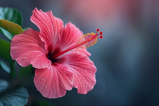 Amidst lush greenery, a vibrant hibiscus flower blooms, its red petals kissed by raindrops.