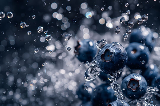 Fresh Blueberries A Handful Thrown Into The Air In A Water Splash. Fruity Freshness. Healthy Vegetarian Food.