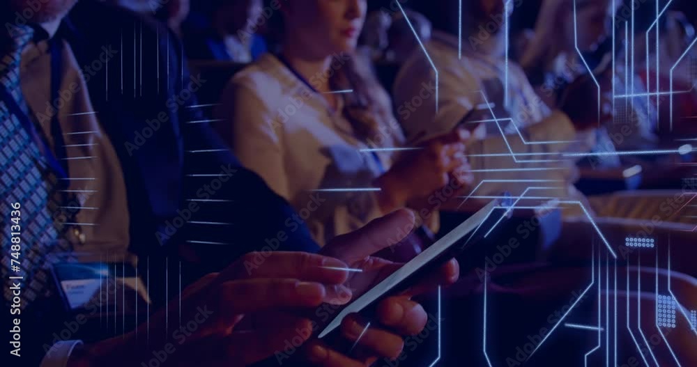 Poster animation of circuit board with data processing over diverse people with smartphones