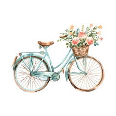 Fototapeta na wymiar beautiful elegant minimal design of bicycle for women with pastel flowers in the front basket, watercolour