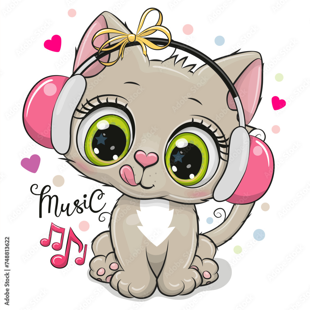 Sticker kitten girl with pink headphones on a white background