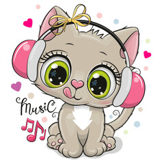 Kitten girl with pink headphones on a white background