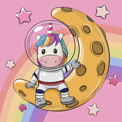 Cartoon astronaut Unicorn on the moon on a pink background