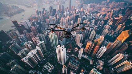 Drone, City skyline with numbers, featuring iconic buildings like those in Manhattan and Bangkok, showcasing urban architecture and business hubs, against a dynamic Asian backdrop