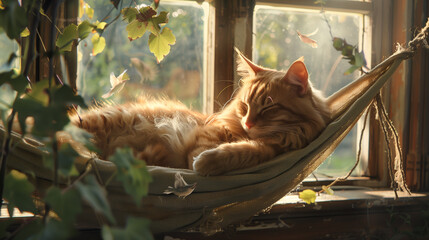 A cat curled up on a window hammock, basking in the warm afternoon sun, watches birds flitting by. - Powered by Adobe