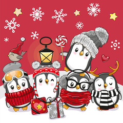 Cute cartoon Christmas Penguins on a red background