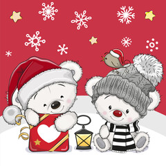 Christmas card with Two Cartoon Polar Bears on a red background