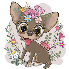 Cute Cartoon Dog Chihuahua with flowers