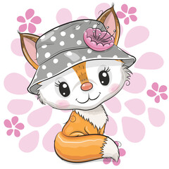 Cartoon Fox in panama hat on a flower background