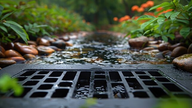 Catch basin square drainage grate over storm water drain surrounded.