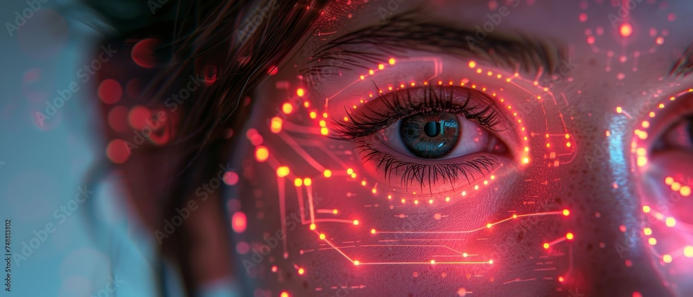 Poster Cyborg head with artificial neural networks brain. Cyberpunk neon word in style 80s. Robot face with artificial intelligence. Electronic Technology banner.