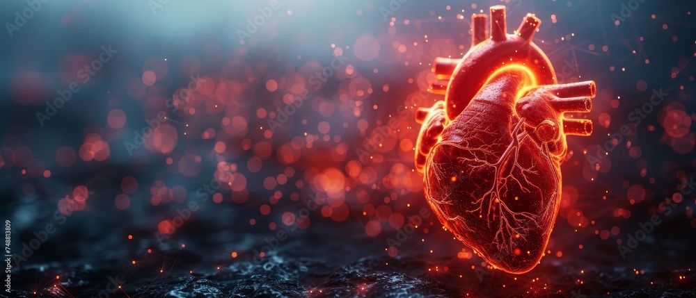 Poster Red abstract heart with attacking red viruses. Low poly style. Geometric background. Wireframe light connection structure. Modern 3D graphic concept. .