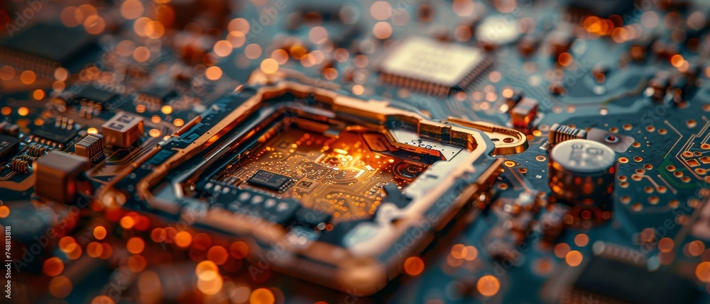 Poster Cellphone disassembly, broken electronic components, mobile processor chip, case, screen, electronic parts hovering. Device firmware, data recovery. Concept.