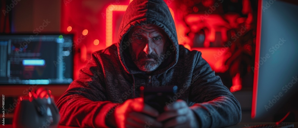 Poster A hacker or phone scammer in a dark hoodie hacks a computer and a mobile phone in a dark room. Malware is installed on phones to hack devices. An unidentified hacker steps into a dark room with neon