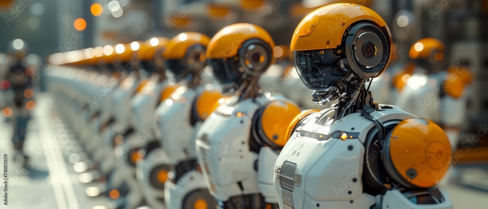 Poster AI control industrial robotic arms on robot factories. Automation manufacturing, industrial 4.0 concept. Robot cyborg with AI assembling on factories. Modern industrial technology and robot creation.