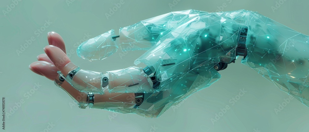 Poster AI chatbot service concept, polygonal bubble speech in digital hand. Robotic help in chat symbol with digital solution and AI reply.