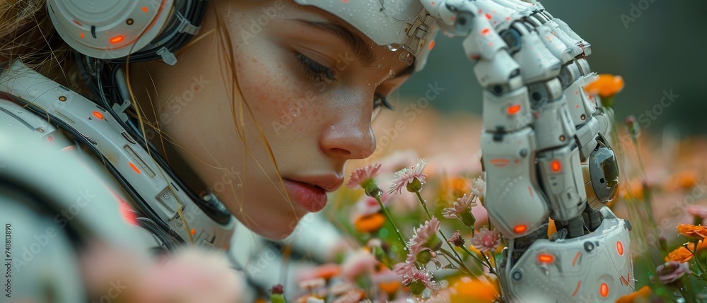 Poster Having an artificial intelligence within the humanoid head, he takes in an artificial robotic flower with his arm outstretched. An anthropomorphic cyborg or robot woman. Computer neural networks