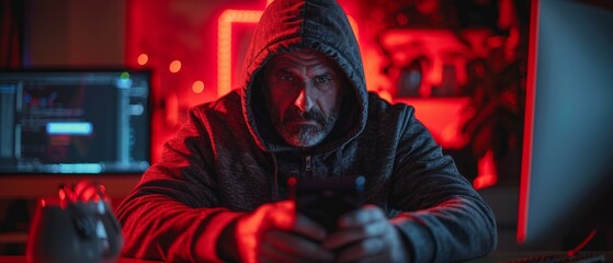 A hacker or phone scammer in a dark hoodie hacks a computer and a mobile phone in a dark room. Malware is installed on phones to hack devices. An unidentified hacker steps into a dark room with neon - obrazy, fototapety, plakaty
