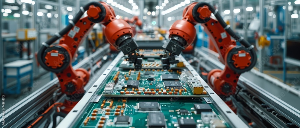 Sticker A production line with robots manufacturing boards with chips, CPUs, and electronic components. A factory with robotic arms or manipulators.