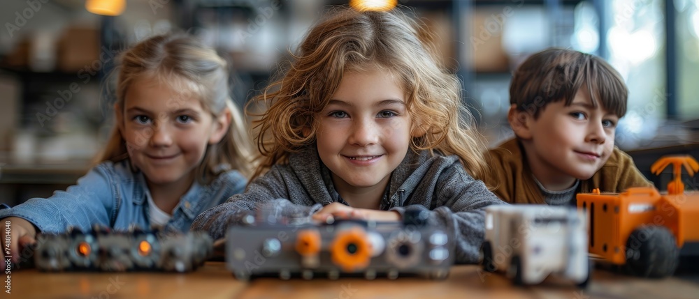 Leinwandbilder Education in STEM for kids through the internet on laptops. Students study engineering, software development, robotics technology, 3d printing, game development. Computer tech remote school for young