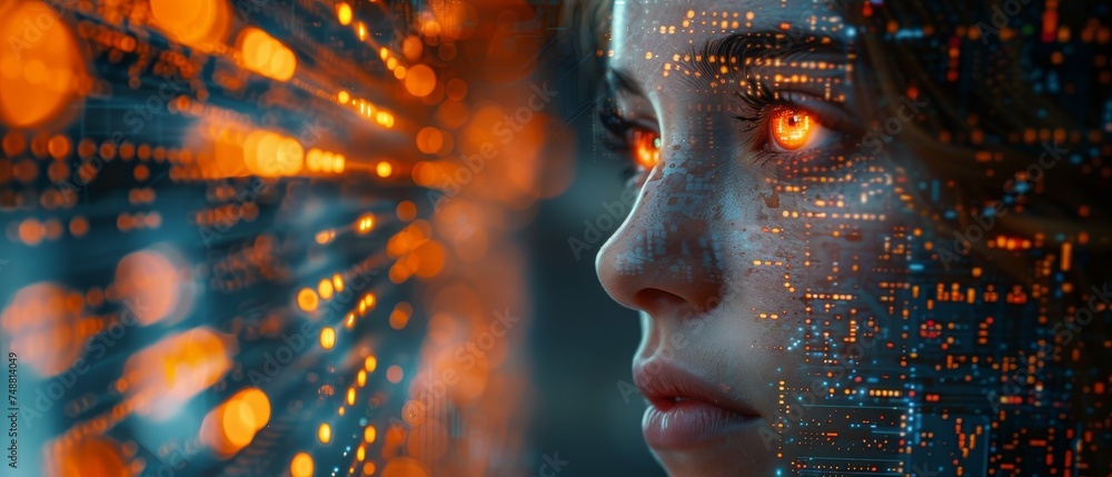 Poster Artificial intelligence in business, fintech. Artificial Intelligence with mind reading trading charts. Artificial Intelligence with neural networks analysing finance economic digital data. Robot
