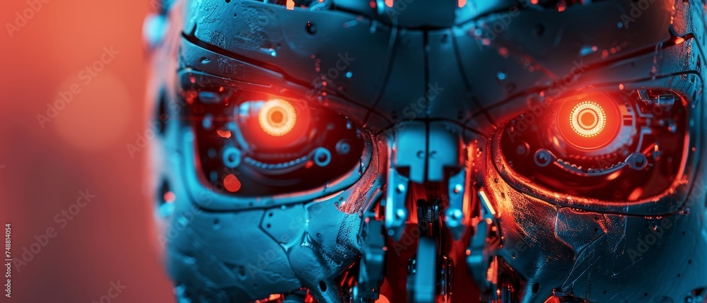 Aufkleber an ai with a scary face on halloween. skull of a robot with glowing eyes. bad ai with cyborg look at