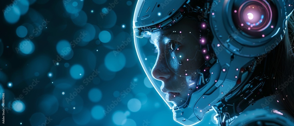 Poster Female avatar robot chatbot. Round icon of face of AI in image humanoid cyborg. Logo of chat bot of online technical support. Headset with microphone attached.