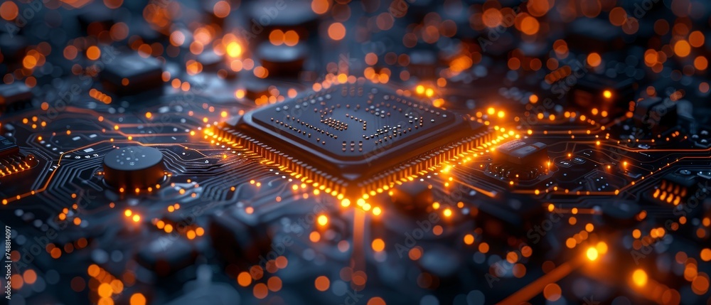 Fototapete Future computer technology. 3D virtual reality interface. Digital futuristic computer hardware. Quantum computing. CAD systems..