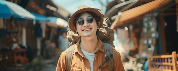 Ready for Vacation: Smiling Asian Traveler with Hat, Sunglasses, and Backpack. Concept Vacation Fashion, Travel Accessories, Asian Traveler, Smiling Photos, Summer Adventure