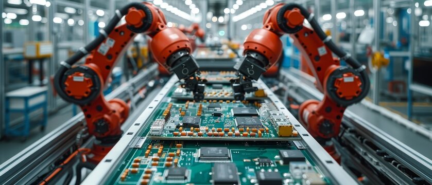 A production line with robots manufacturing boards with chips, CPUs, and electronic components. A factory with robotic arms or manipulators.