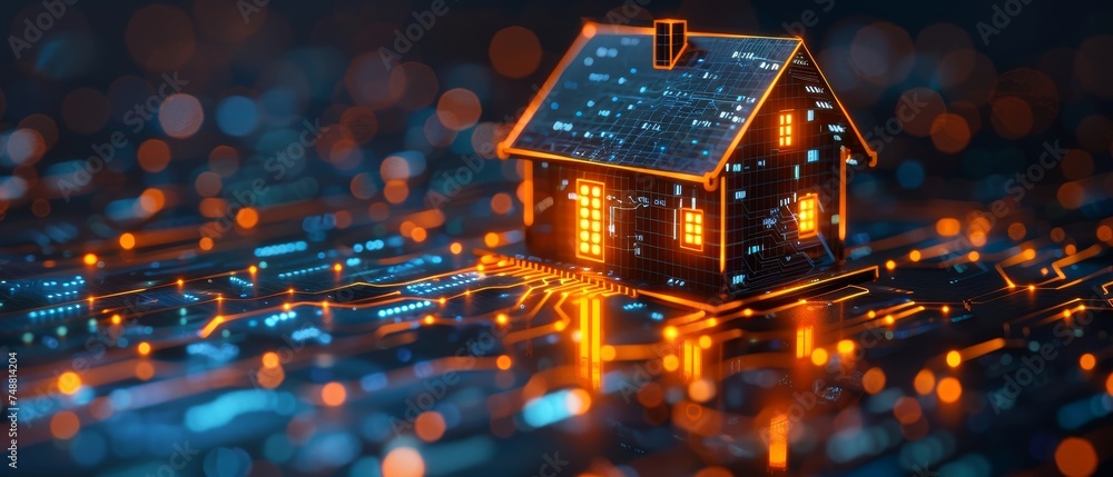Fototapete Digital control system of smart house utilizing IoT and cloud computing technologies. 3D representation of smart home technology system concept banner. Home consists of digits and connected with