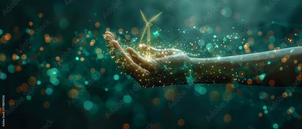 Aufkleber Green energy concept. Low poly style. Geometric background Wireframe light connection structure Modern 3d graphic .