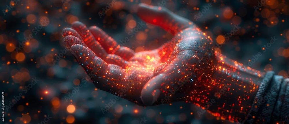 Leinwandbilder user interacts with abstract vr or ar interface in hand. virtual reality technology abstract concept