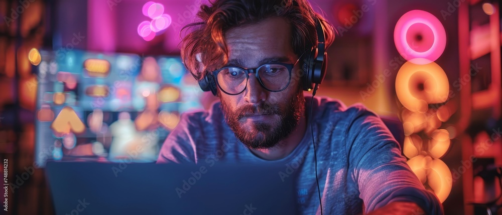 Poster Hacker or gamer or programmer working on laptop with headset and glasses in darkened room. Computer entertainment.