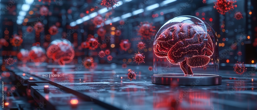Poster Low poly style. Blue geometric background. Wireframe connection structure. Modern 3D graphic.  illustration. Abstract brain in blue glass dome attacked by red viruses. Medicine laboratory