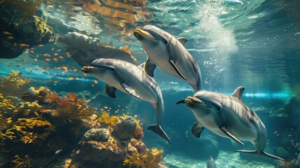 Among the vibrant coral reef bustling with fish, a pod of dolphins glides gracefully through the sunlight that filters down, painting a mesmerizing underwater tableau. - obrazy, fototapety, plakaty