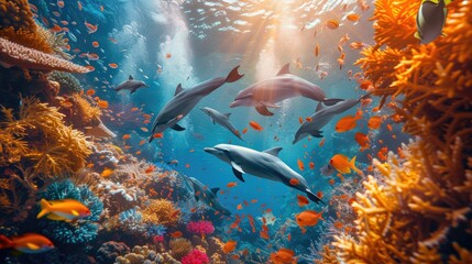 A pod of dolphins swims elegantly among a burst of sunlight filtering through the vibrant coral reef teeming with fish. - obrazy, fototapety, plakaty