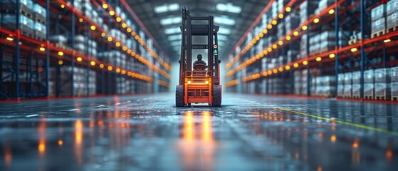 Warehouse with forklifts, modern distribution buildings, e-commerce warehouses, smart package hardware, artificial intelligence delivery systems, innovation in cargo. Abstract concept.