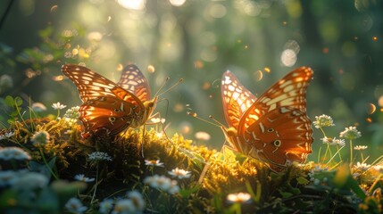 Two butterflies enjoy the warmth of sunlight in a forest glade, with a bokeh of light surrounding...