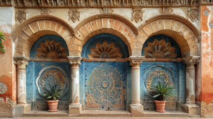 Obraz premium Arabic patterns on the gate Puerta de San Ildefonso in moorish style, walls of the ancient Mezquita, Mosque-Cathedral of Cordoba.