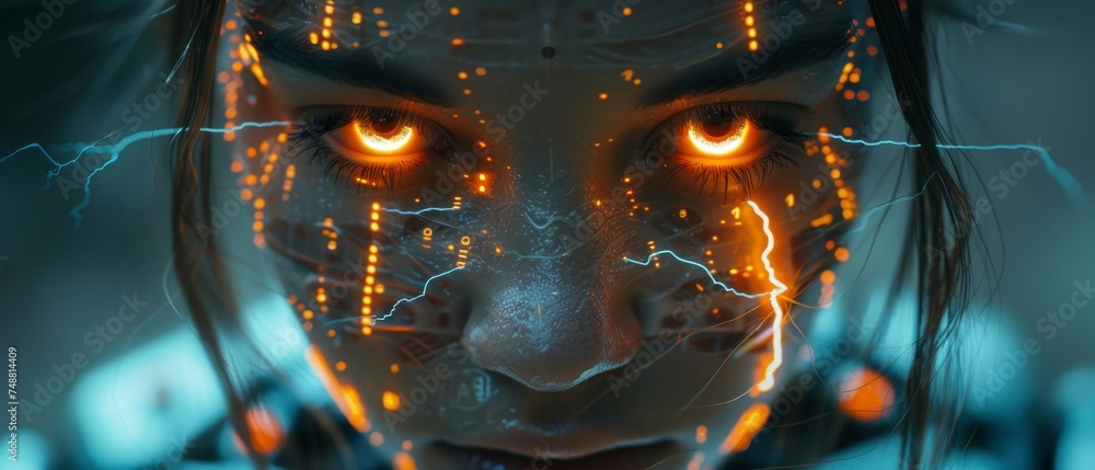 Aufkleber Artificial intelligence with scary face on screen phone. Head chat bot with lightning eyes. Cyborg with AI eyes on mobile phone. Computer ransomware virus or spyware.