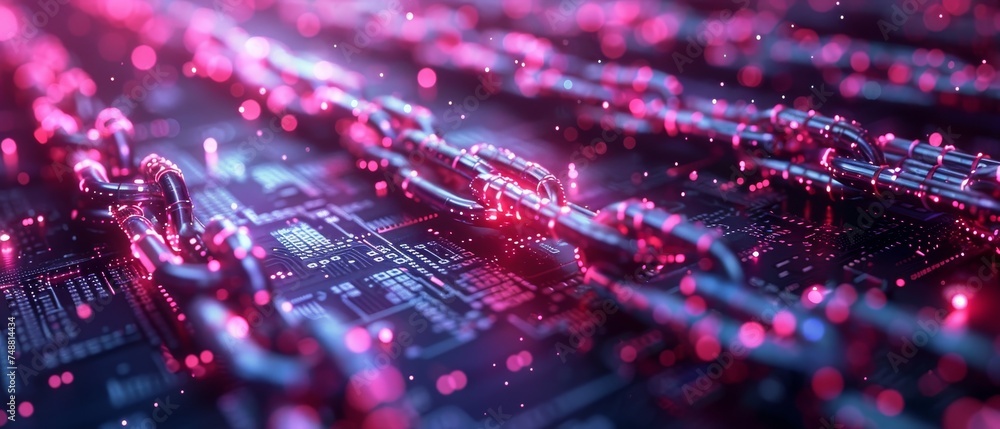 Poster Concept of blockchain technology isometrically drawn. Mining of cryptocurrencies and digital money in a computer farm. Racks of servers in a data center process big data composed of chained blocks.