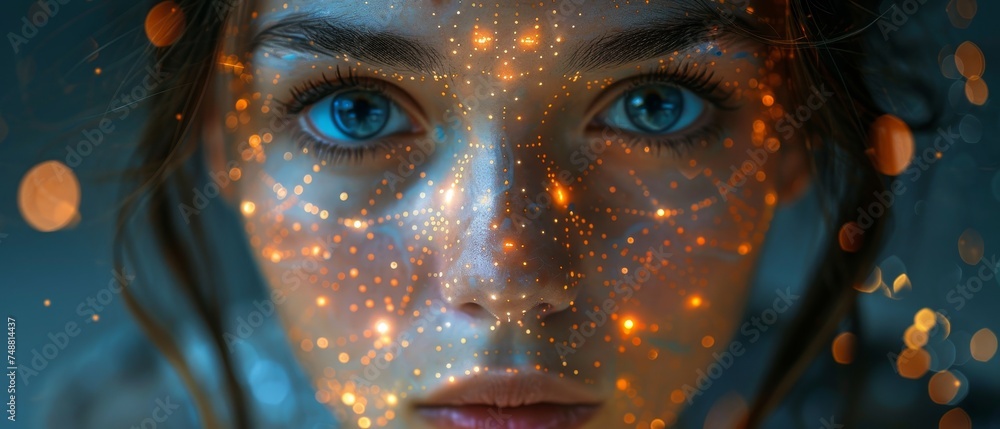 Poster Woman with artificial intelligence analyzing a big data flow. Cyborg woman contemplating stream of data. Machine learning concept. Neural network training.