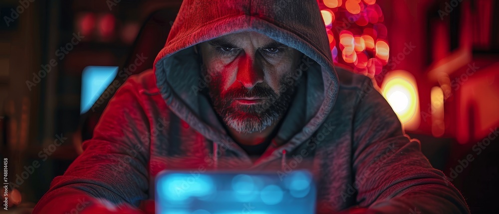 Poster Cybercriminal hacking computer and smartphone with malware in dark room with neon light. Hacker wearing dark hoodie using PC in room with neon light.